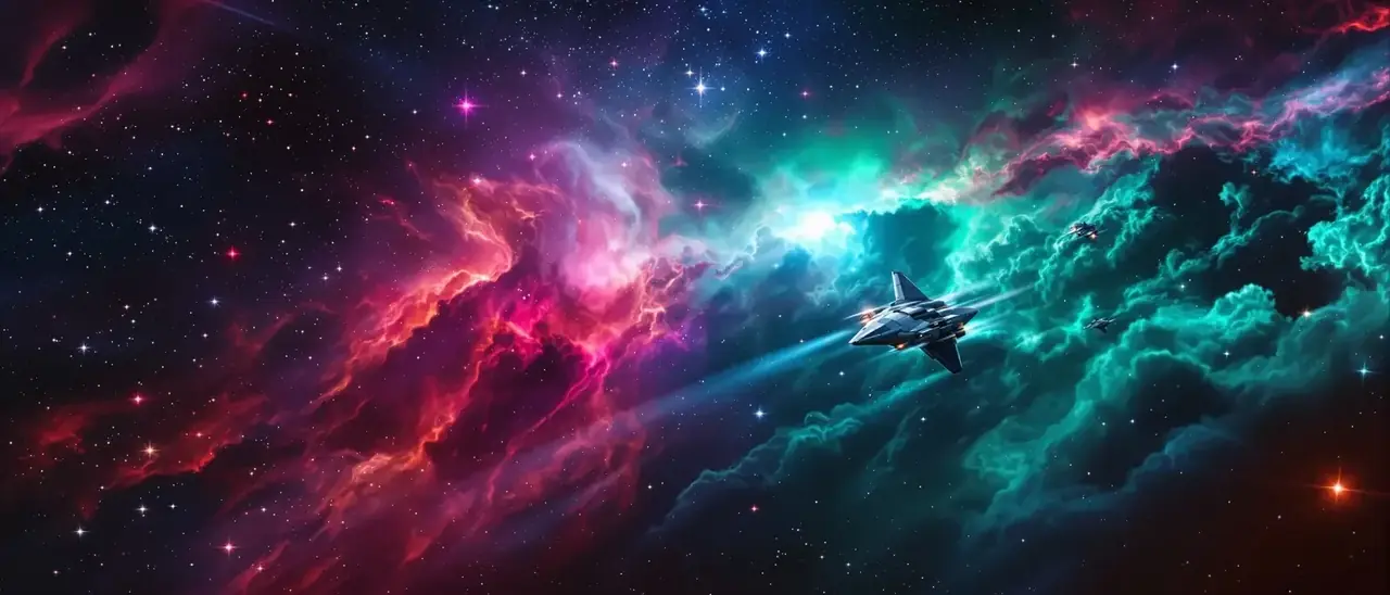 星际漫游者轮播横幅，穿越星云的飞船