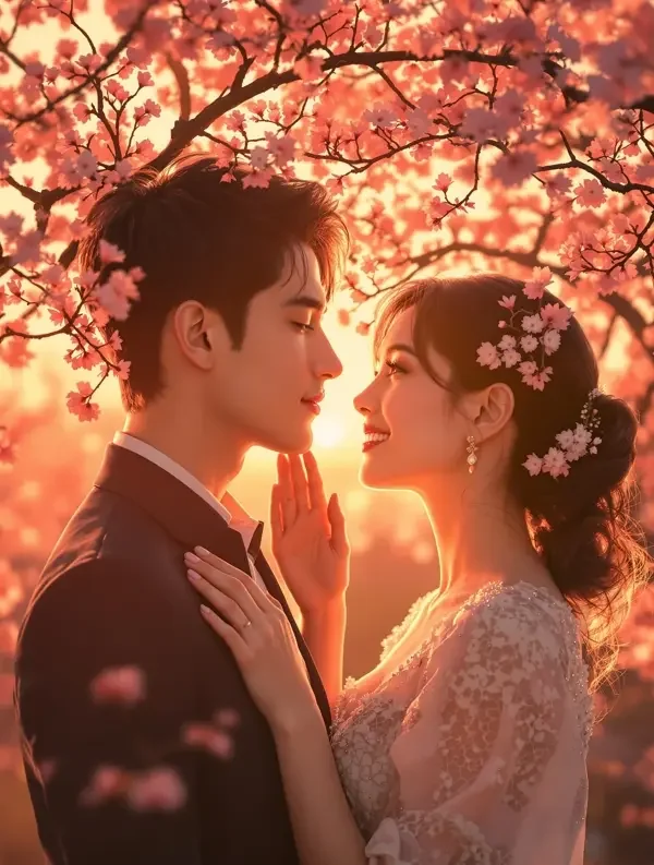 樱桃之恋电影海报，樱花树下依偎的情侣